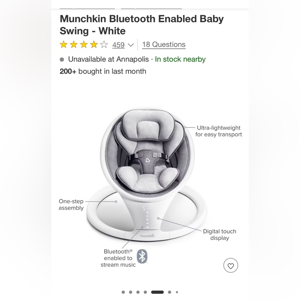 Munchkin Gray Bluetooth Enabled Baby Swing / brand new no box, used twice